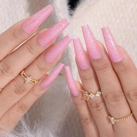 Glitter Pink Press On Nails Long Coffin Artificial False Nails Shiny Ballerina Shape Manicure Accessory For Women