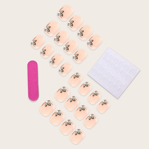 French Press On Nails Short Square Oval Shape Pink White Ombre Flower Pattern Rhinestones With Jelly Glue And File