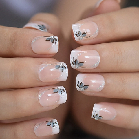 French Press On Nails Short Square Oval Shape Pink White Ombre Flower Pattern Rhinestones With Jelly Glue And File