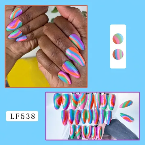 Rainbow Wave Press On Nails Mandelform Bunte Glänzende Linienkunst Künstliche Maniküre-Tips Für Frauen
