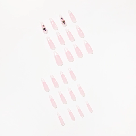 Uñas Postizas Largas Coffin Press On French Tip Decoración Strass Perla Artificial Blanco Rosa Manicura Elegante Para Mujeres