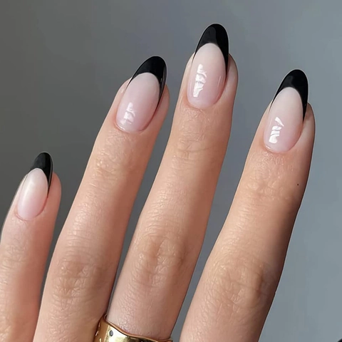 Unghie Finte A Mandorla Punta Francese Nera Lucide Unghie Finte Base Nude Riutilizzabili Unghie Artificiali Per Donne