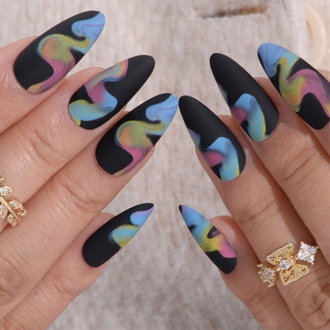 Uñas Postizas Press On Largas Stiletto Negro Mate Textura Mármol Humo Arcoíris Con Pegamento De Gelatina Y Lima