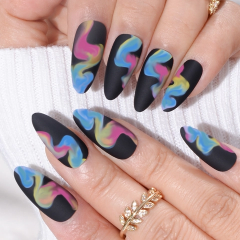 Uñas Postizas Press On Largas Stiletto Negro Mate Textura Mármol Humo Arcoíris Con Pegamento De Gelatina Y Lima