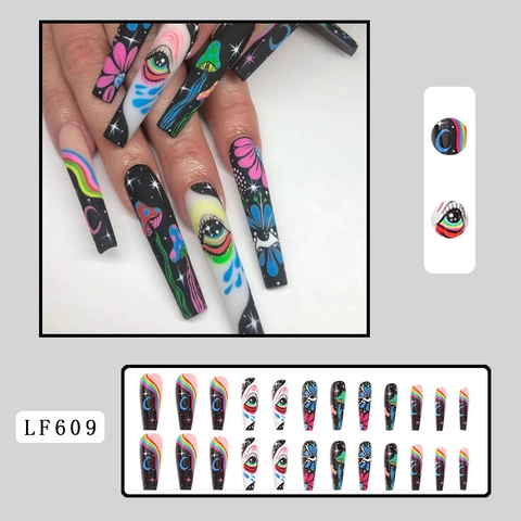 Uñas Postizas Largas De Ataúd Psicodélicas Ojo De Arcoiris Champiñón Uñas Postizas Estilo Surrealista Colorido Para Mujeres