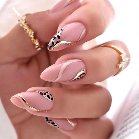 French Leopard Print Press On Nails Almond Shape Nude Pink False Nails With Jelly Glue And Nail File Medium Long For Women