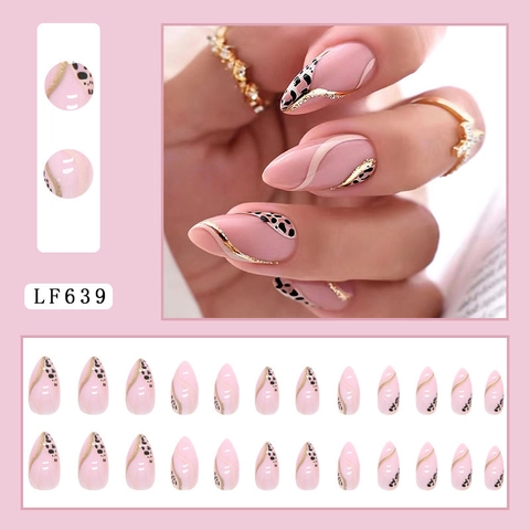 French Leopard Print Press On Nails Almond Shape Nude Pink False Nails With Jelly Glue And Nail File Medium Long For Women