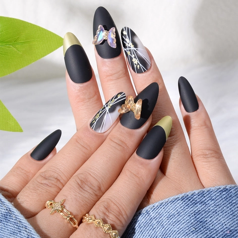 Unghie Finte Mandorla Nero Opaco Aurora Farfalla 3D French Tip Bordo Dorato Design Arte Astratta Unghie Artificiali
