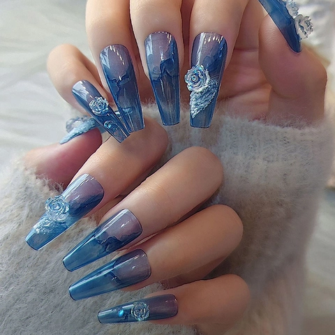 Press On Nails Long Coffin Blue Marble Gradient With 3D Rose Flower Glossy Artificial Fake Nails For Women Daily Wear