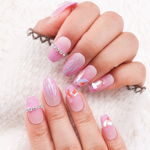 Handgefertigte Press On Nägel Strass Glitzer Lila Rosa Farbverlauf Sargform Französische Künstliche Nägel Zum Aufkleben