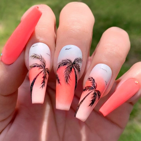 Uñas Postizas Largas Ballerina Degradado Rosa Silueta Palmera Tropical Estilo Playa Verano Forma Ataúd