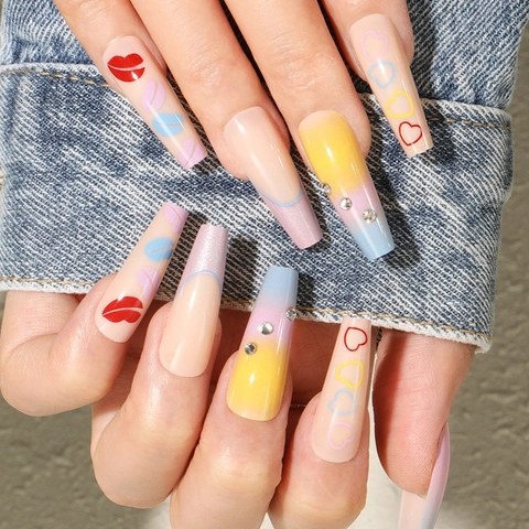Long Coffin Press On Nails Gradient Color Lip Heart Print Rhinestone French Style ABS Plastic False Nails For Women