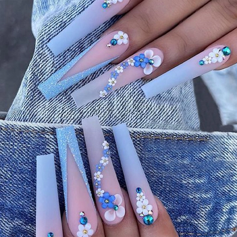 Long Coffin Press On Nägel Pink Blau Farbverlauf Matt 3D Weiße Blumen Strass Französischer Stil Ballett Künstliche Nägel