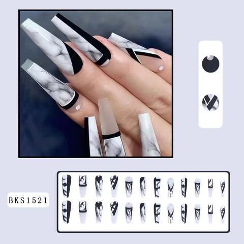 Unghie Finte Lunghe Coffin Da Pressione Marmo Nero Bianco Design Geometrico Punte Francesi Strass Per Donne