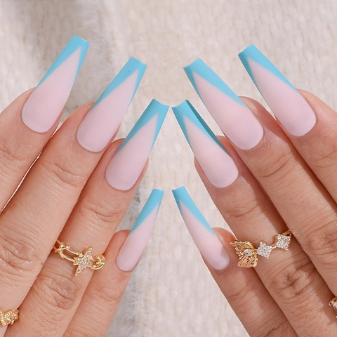 Faux Ongles Press On Coffin Longs Mats Rose Bleu V-Shape French Ballerine Pour Femmes