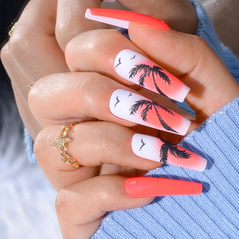 Uñas Postizas Largas Ballerina Degradado Rosa Silueta Palmera Tropical Estilo Playa Verano Forma Ataúd