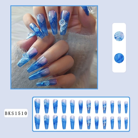 Press On Nails Long Coffin Blue Marble Gradient With 3D Rose Flower Glossy Artificial Fake Nails For Women Daily Wear
