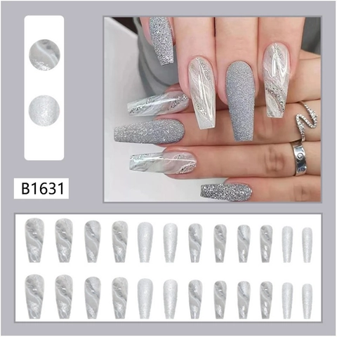 Unghie Finte Lunghe Coffin A Pressione Con Motivo Marmo Grigio Bianco Glitter Argento Manicure Quotidiana Per Donne