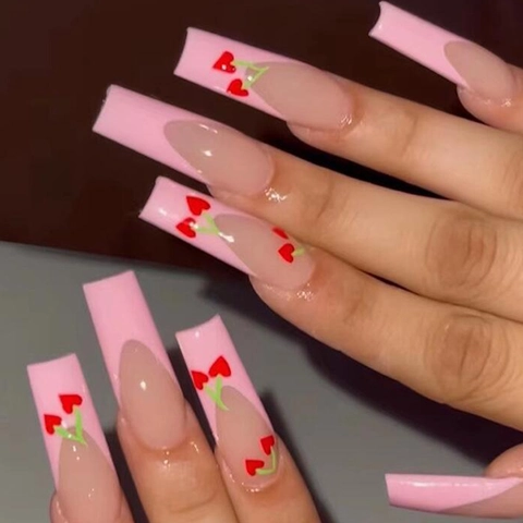 Unghie Finte Long Coffin Press On Rosa Lucido French Tip Unghie Artificiali Con Motivi Ciliegia Cuore Per Donne Manicure