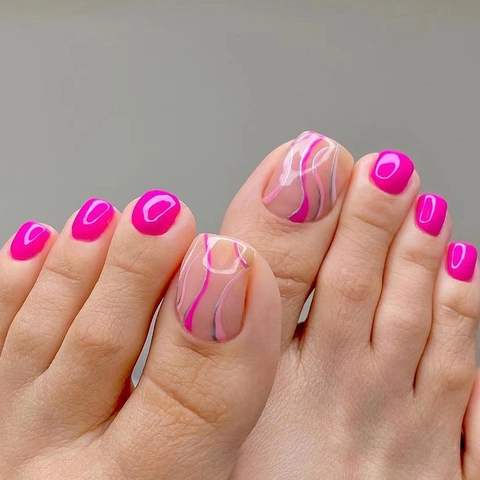 Unghie Finte Piedi Press On Rosa Rossa Lucido Motivo Linee Marmo Per Donne Moda