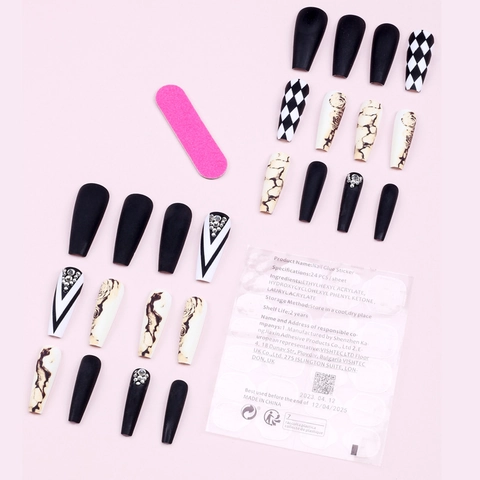 Uñas Postizas Largas Coffin Negro Mate Diseño Rosa Rhinestone Geométrico Mármol Uñas Artificiales Para Mujeres