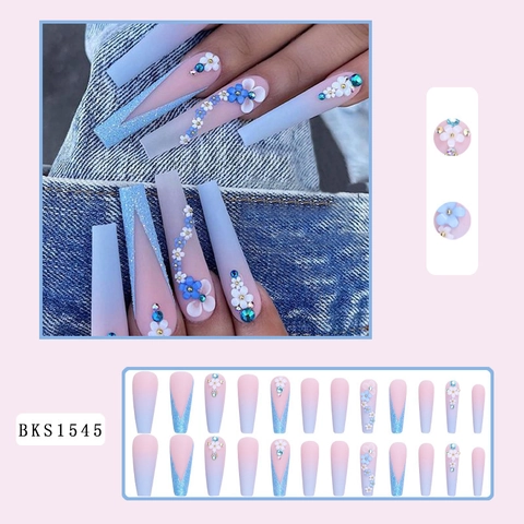 Long Coffin Press On Nägel Pink Blau Farbverlauf Matt 3D Weiße Blumen Strass Französischer Stil Ballett Künstliche Nägel