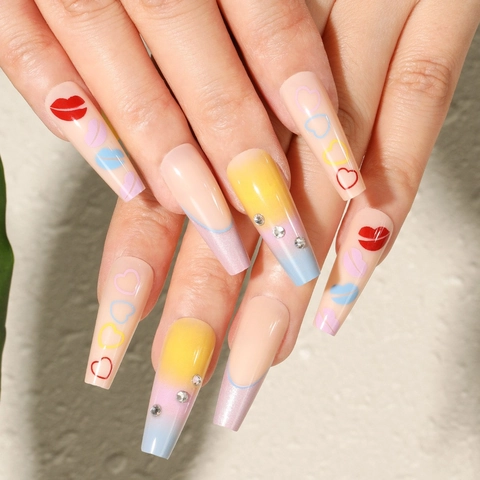Long Coffin Press On Nails Gradient Color Lip Heart Print Rhinestone French Style ABS Plastic False Nails For Women