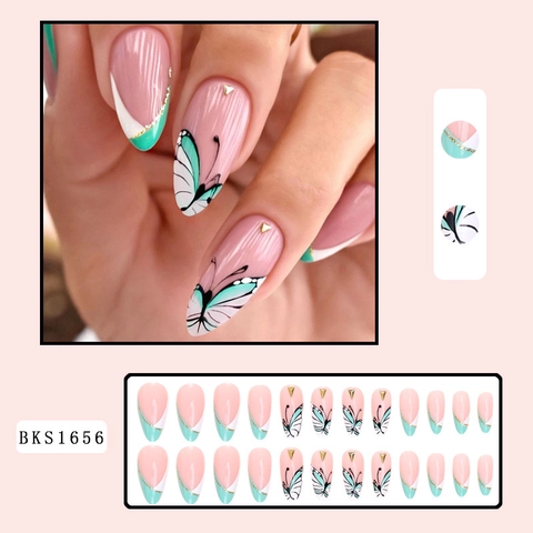 Künstliche Nägel Mandelform Schmetterlingsmuster French Style Mintgrün Weiß Mit Gelee Kleber Und Feile