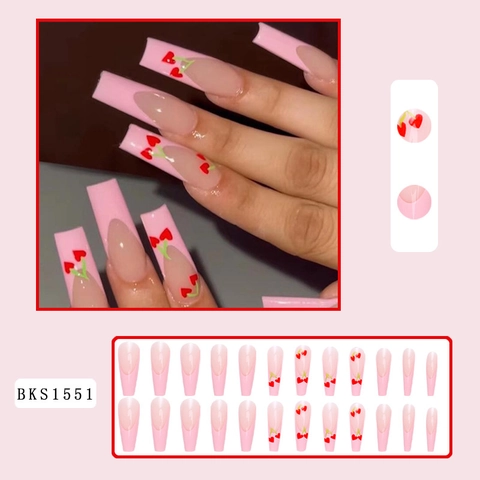 Unghie Finte Long Coffin Press On Rosa Lucido French Tip Unghie Artificiali Con Motivi Ciliegia Cuore Per Donne Manicure