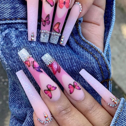 Faux Ongles Cercueil Dégradé Rose Papillon Strass Paillettes Style Français Ongles Artificiels Pour Femmes Avec Adhésif