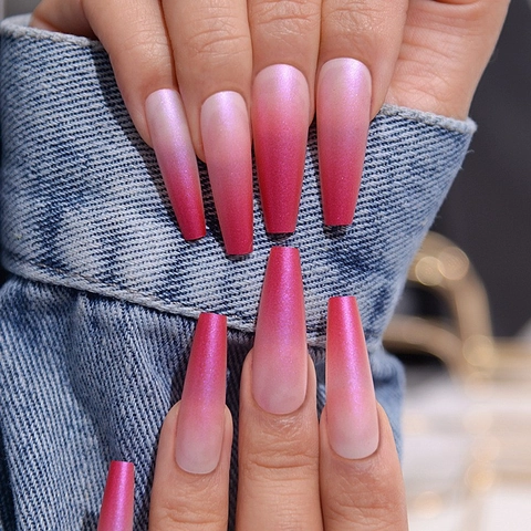Uñas Postizas Coffin Largas Rosa Rojo Rosa Ombre Degradado Mate Puntas De Uñas Artificiales Con Pegamento De Gelatina