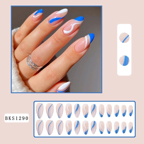 Unghie Finte A Mandorla Con Motivo A Onde Blu E Bianche Linee Astratte Minimaliste Per Donna