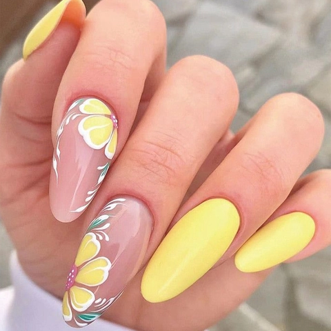Almond Shape Press On Nails Lemon Flower Yellow Daisy Design Glossy Summer Style Wearable Fake Nails For Women