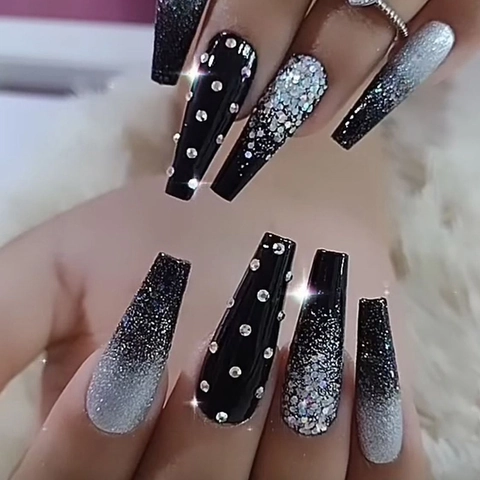 Coffin Press On Nails Long Black Silver Gradient Glitter Rhinestone Artificial Fake Nails Manicure Decoration For Women