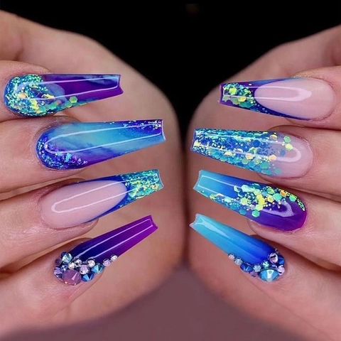 Faux Ongles Coffin Dégradé Bleu Violet Paillettes Strass Style Français Avec Lime Et Colle