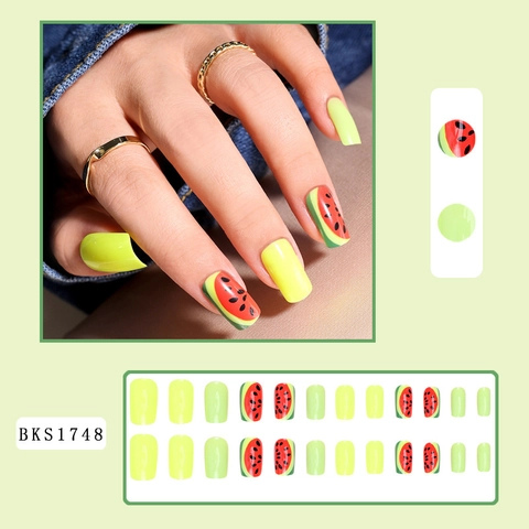 Summer Watermelon Pattern Press On Nails Fluorescent Green Square Fake Nails Plastic Detachable Reusable Manicure DIY