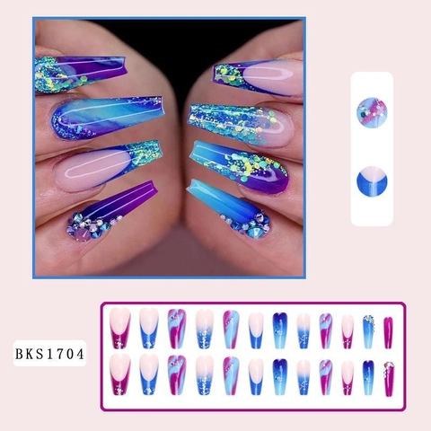 Long Coffin Press On Nails Rhinestone Butterfly Ombre French Design Artificial Fake Nails Luxury Manicure For Women