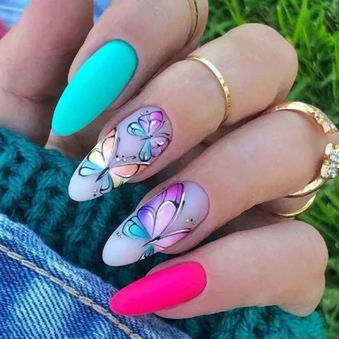 Matte Amandelvormige Kunstnagels Kleurrijk Vlinderpatroon Stijlvolle Lange Kunstnagels Voor Vrouwen DIY Manicure