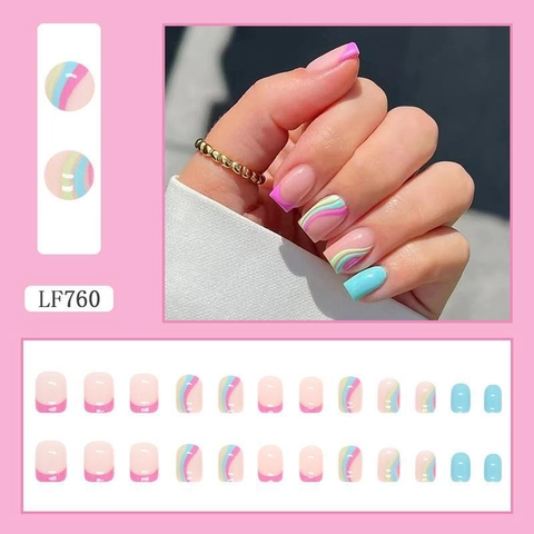 Unghie Finte Arcobaleno French Tip Corte Quadrate Colorate Resina Artificiale Lucida Manicure Per Donne Con Colla Gelatina E Lima