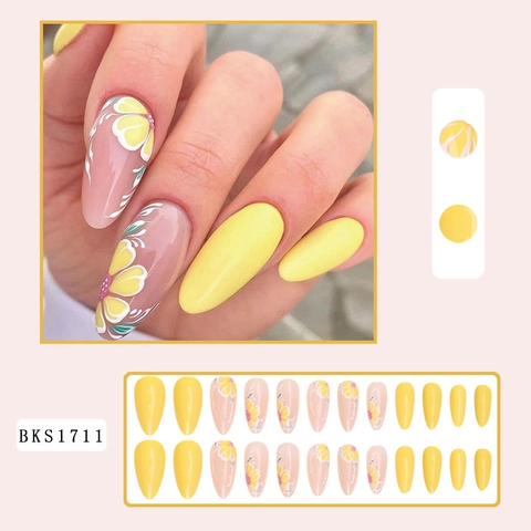 Almond Shape Press On Nails Lemon Flower Yellow Daisy Design Glossy Summer Style Wearable Fake Nails For Women