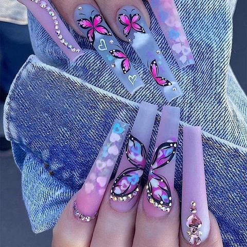 Uñas Postizas Largas Coffin Degradado Mariposa Corazón Con Diamantes De Imitación Púrpura Rosa Mate Brillante Manicura Reutilizable Para Mujeres