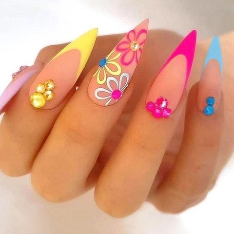 Stiletto Press On Nails Lang Französisch Regenbogen Blume Handbemalte Strass Künstliche Falsche Nägel Für Damen