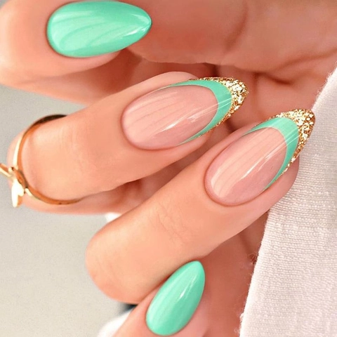 French Tip Press On Nails Green Gold Glitter Artificial False Nails Medium Long Almond Shape High Gloss