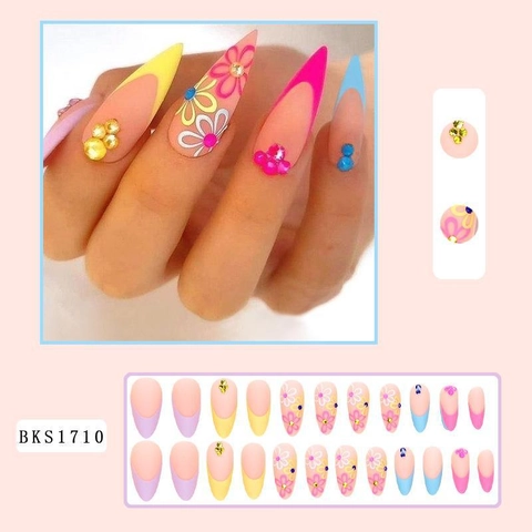 Stiletto Press On Nails Lang Französisch Regenbogen Blume Handbemalte Strass Künstliche Falsche Nägel Für Damen