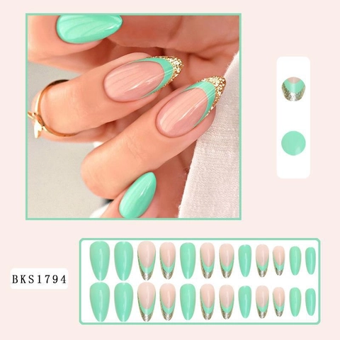 French Tip Press On Nails Green Gold Glitter Artificial False Nails Medium Long Almond Shape High Gloss