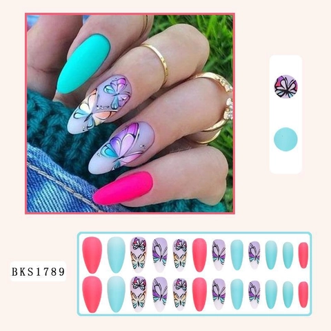 Matte Amandelvormige Kunstnagels Kleurrijk Vlinderpatroon Stijlvolle Lange Kunstnagels Voor Vrouwen DIY Manicure