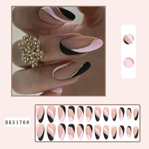 Unghie Finte A Mandorla French Press On Rosa Nero Oro Glitter Opaco Manicure Per Donne Con Colla Gel E Lima