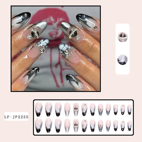Französische Mandelform Künstliche Nägel Mit Metallischen Saturn Planeten Strass Sternen Silber Glitzer Verlauf Für Damen