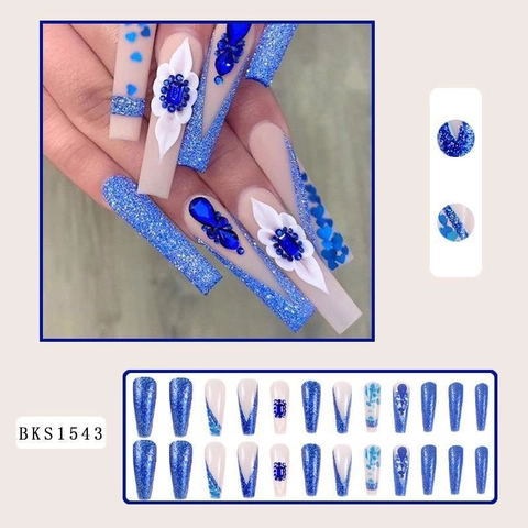 Franse Stijl Lange Coffin Press On Nails Blauw Hart 3D Witte Bloem Rijststeen Glitter Kunstmatige Manicure Vrouwen