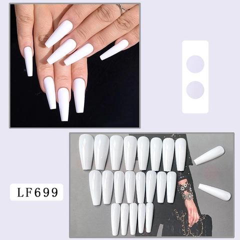 Lange Coffin Press On Nägel Solid Weiß Glänzend Falsche Nägel Mit Gelee Kleber Und Feile Für Frauen DIY Maniküre